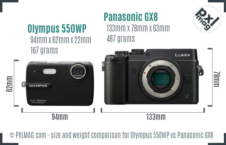 Olympus 550WP vs Panasonic GX8 size comparison