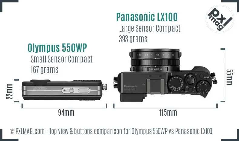 Olympus 550WP vs Panasonic LX100 top view buttons comparison