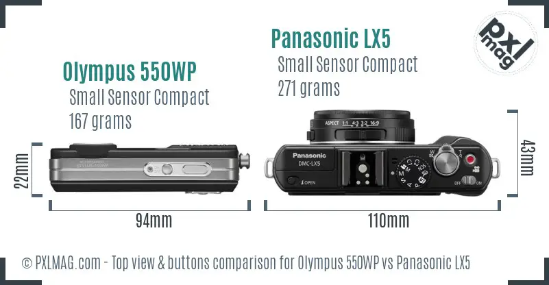 Olympus 550WP vs Panasonic LX5 top view buttons comparison