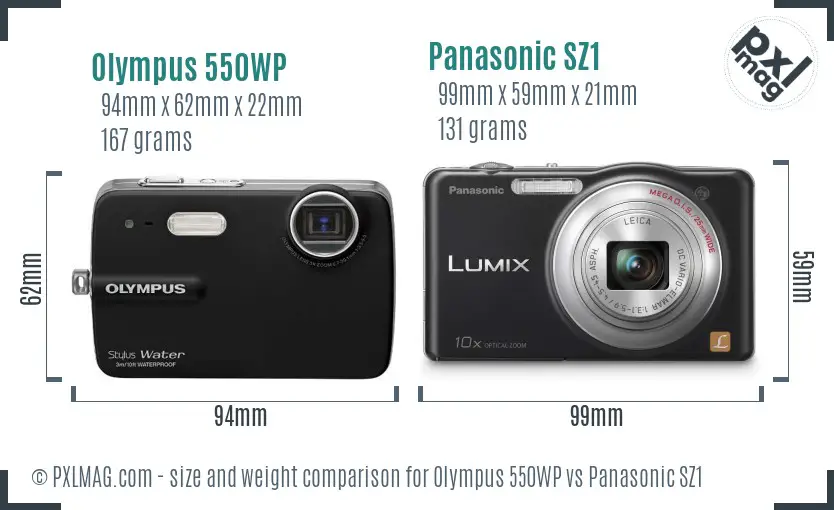 Olympus 550WP vs Panasonic SZ1 size comparison