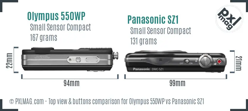 Olympus 550WP vs Panasonic SZ1 top view buttons comparison