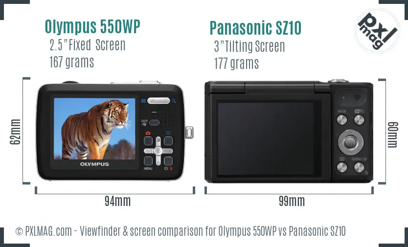 Olympus 550WP vs Panasonic SZ10 Screen and Viewfinder comparison