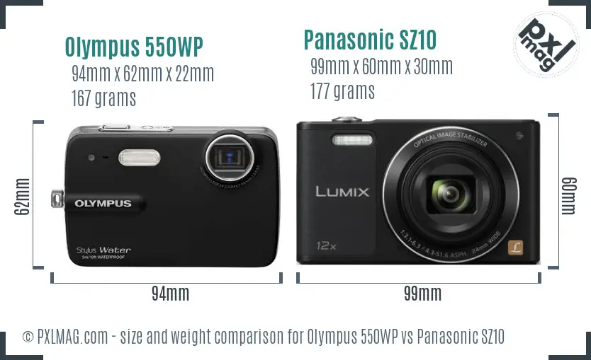 Olympus 550WP vs Panasonic SZ10 size comparison