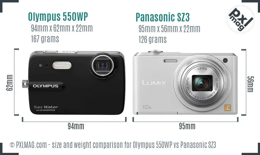 Olympus 550WP vs Panasonic SZ3 size comparison