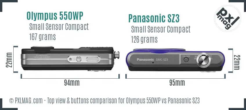 Olympus 550WP vs Panasonic SZ3 top view buttons comparison