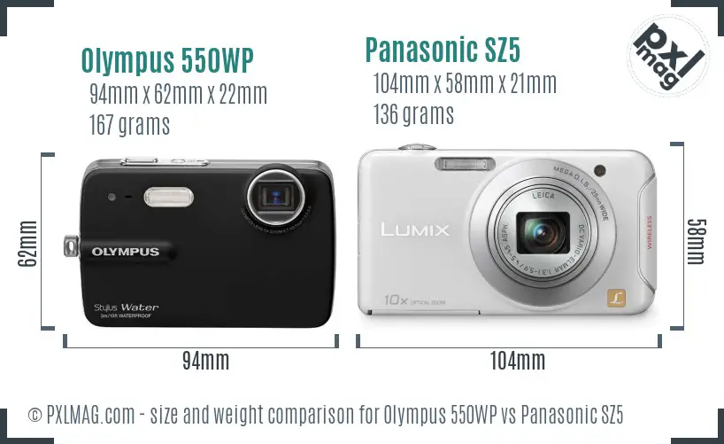 Olympus 550WP vs Panasonic SZ5 size comparison