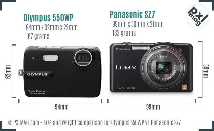 Olympus 550WP vs Panasonic SZ7 size comparison