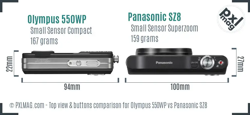Olympus 550WP vs Panasonic SZ8 top view buttons comparison Olympus 550WP vs Panasonic SZ8 top view buttons comparison