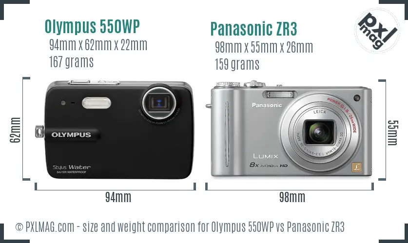 Olympus 550WP vs Panasonic ZR3 size comparison