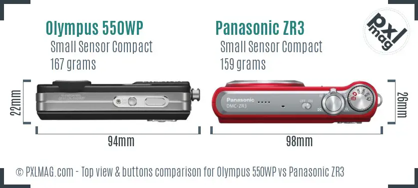 Olympus 550WP vs Panasonic ZR3 top view buttons comparison
