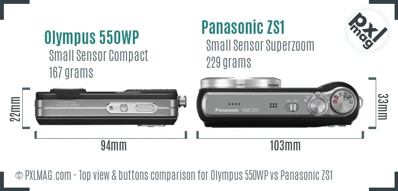 Olympus 550WP vs Panasonic ZS1 top view buttons comparison