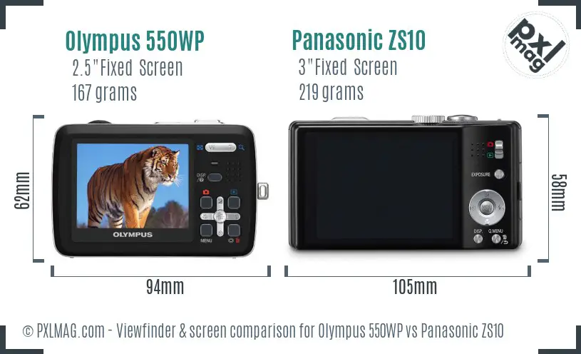 Olympus 550WP vs Panasonic ZS10 Screen and Viewfinder comparison