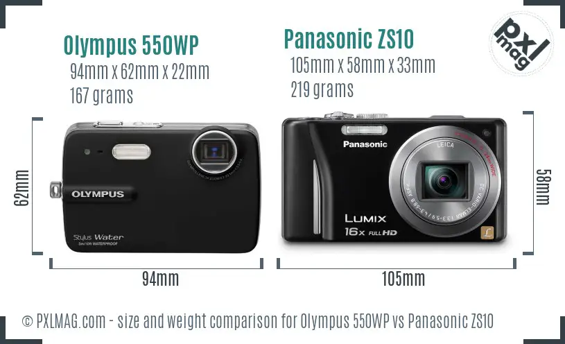 Olympus 550WP vs Panasonic ZS10 size comparison