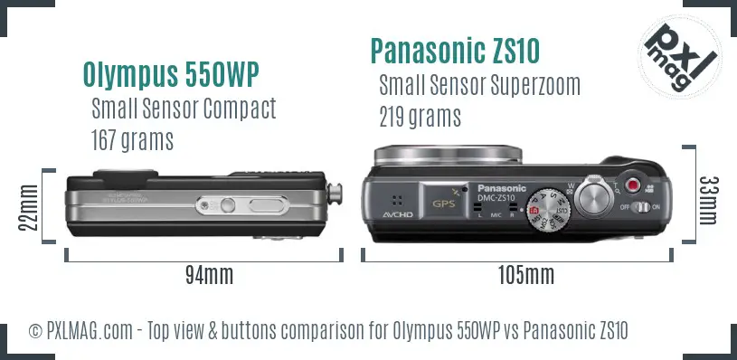 Olympus 550WP vs Panasonic ZS10 top view buttons comparison