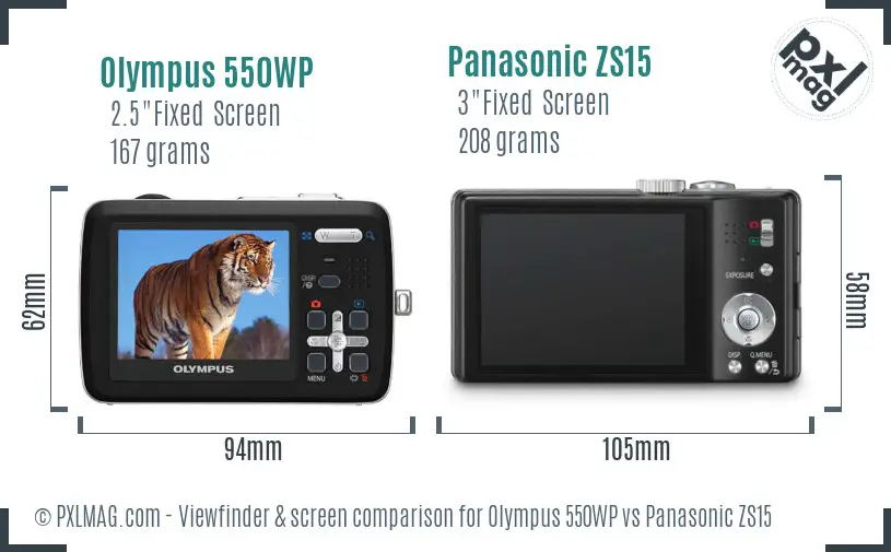 Olympus 550WP vs Panasonic ZS15 Screen and Viewfinder comparison