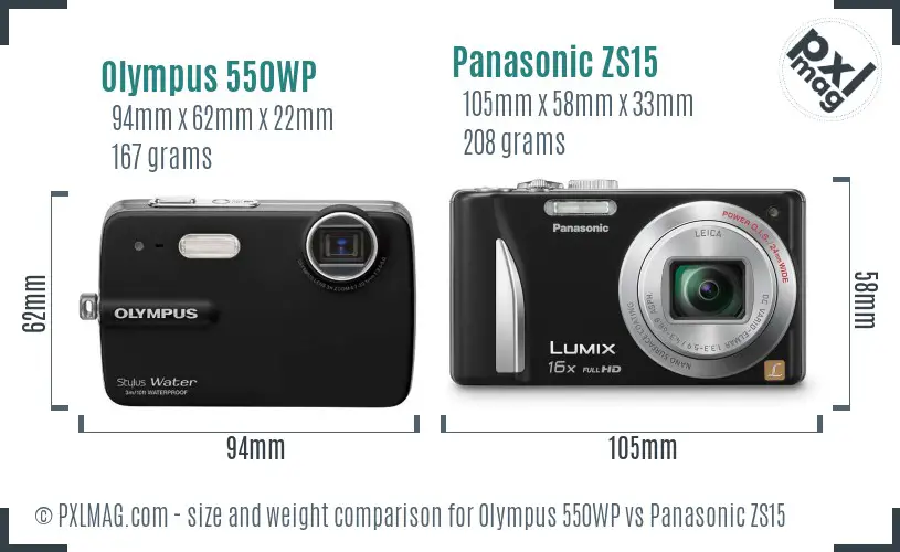 Olympus 550WP vs Panasonic ZS15 size comparison