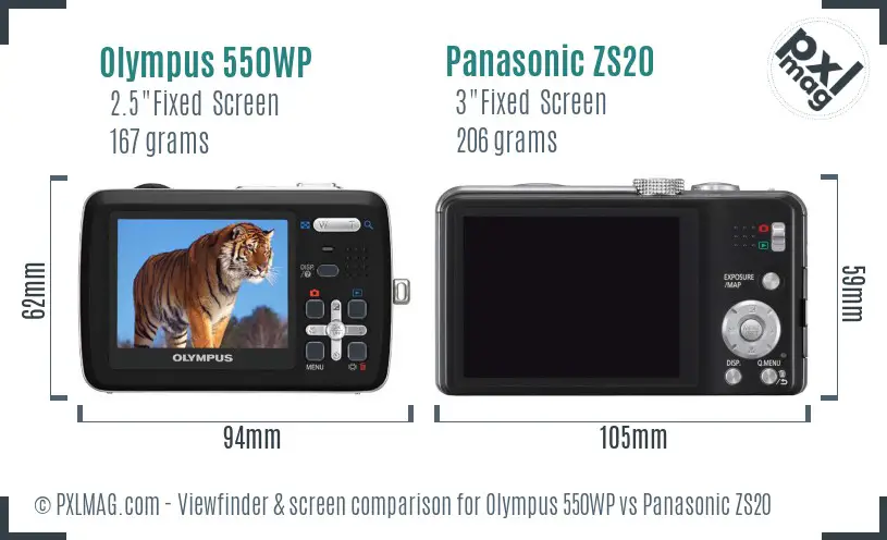 Olympus 550WP vs Panasonic ZS20 Screen and Viewfinder comparison