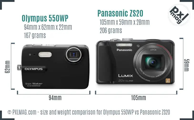 Olympus 550WP vs Panasonic ZS20 size comparison
