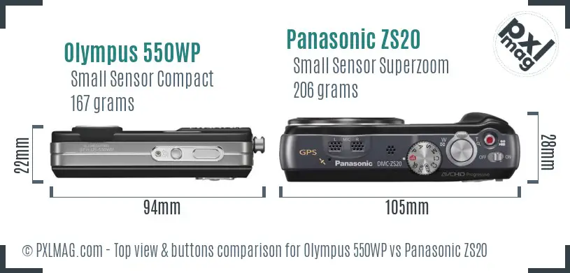 Olympus 550WP vs Panasonic ZS20 top view buttons comparison