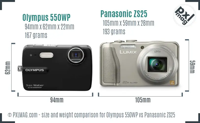 Olympus 550WP vs Panasonic ZS25 size comparison