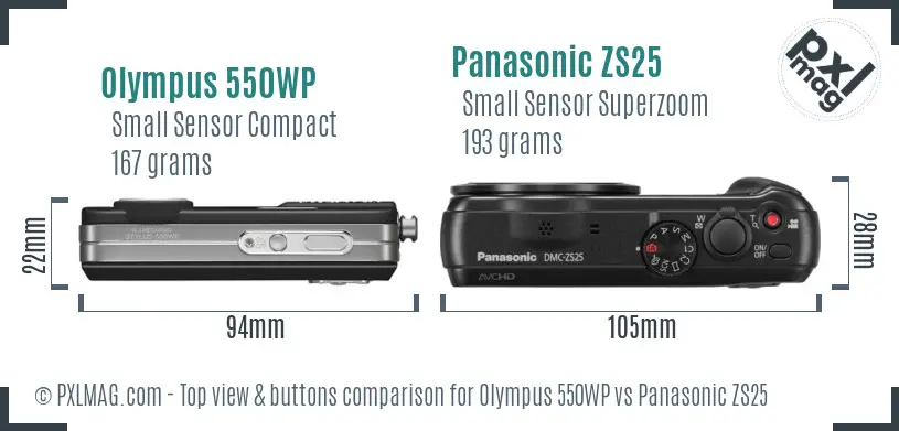 Olympus 550WP vs Panasonic ZS25 top view buttons comparison