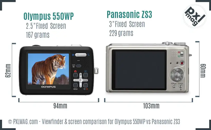 Olympus 550WP vs Panasonic ZS3 Screen and Viewfinder comparison