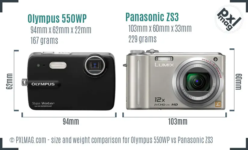 Olympus 550WP vs Panasonic ZS3 size comparison