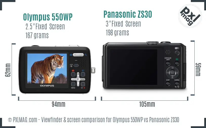 Olympus 550WP vs Panasonic ZS30 Screen and Viewfinder comparison