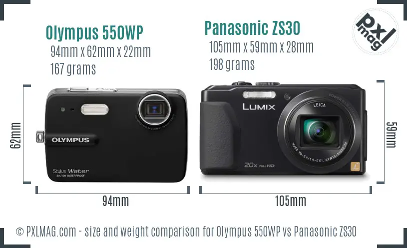 Olympus 550WP vs Panasonic ZS30 size comparison