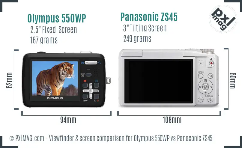 Olympus 550WP vs Panasonic ZS45 Screen and Viewfinder comparison