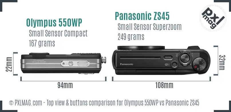 Olympus 550WP vs Panasonic ZS45 top view buttons comparison