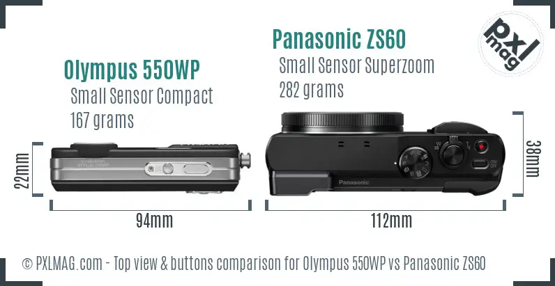 Olympus 550WP vs Panasonic ZS60 top view buttons comparison