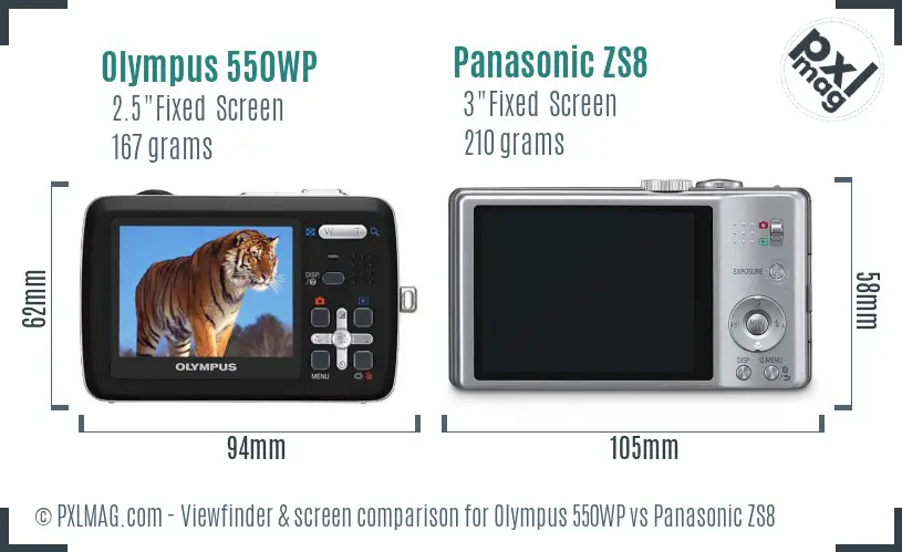 Olympus 550WP vs Panasonic ZS8 Screen and Viewfinder comparison