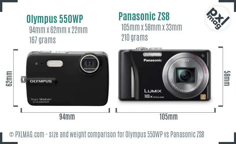 Olympus 550WP vs Panasonic ZS8 size comparison