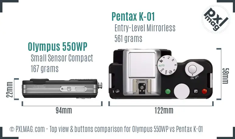 Olympus 550WP vs Pentax K-01 top view buttons comparison