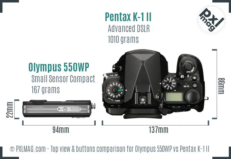 Olympus 550WP vs Pentax K-1 II top view buttons comparison