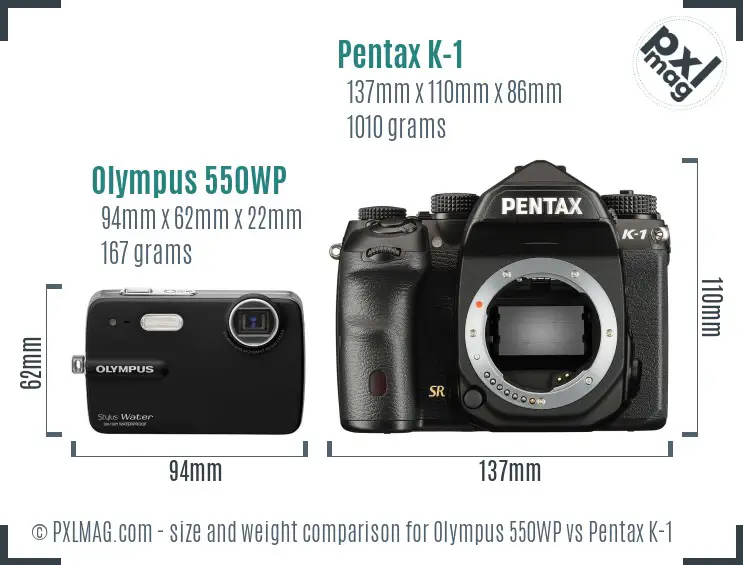 Olympus 550WP vs Pentax K-1 size comparison