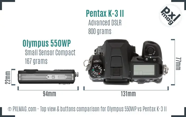 Olympus 550WP vs Pentax K-3 II top view buttons comparison