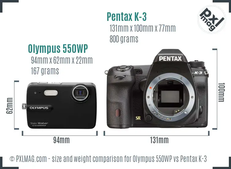 Olympus 550WP vs Pentax K-3 size comparison