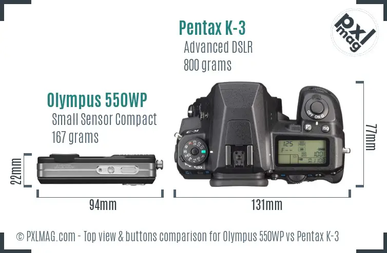 Olympus 550WP vs Pentax K-3 top view buttons comparison