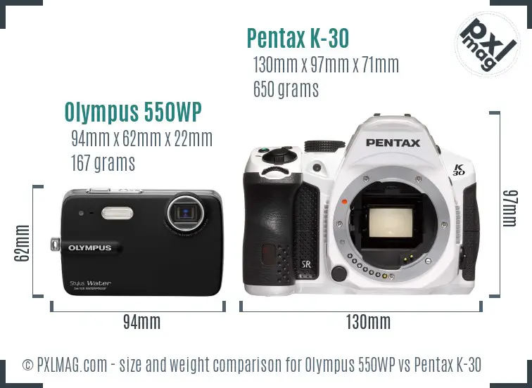 Olympus 550WP vs Pentax K-30 size comparison