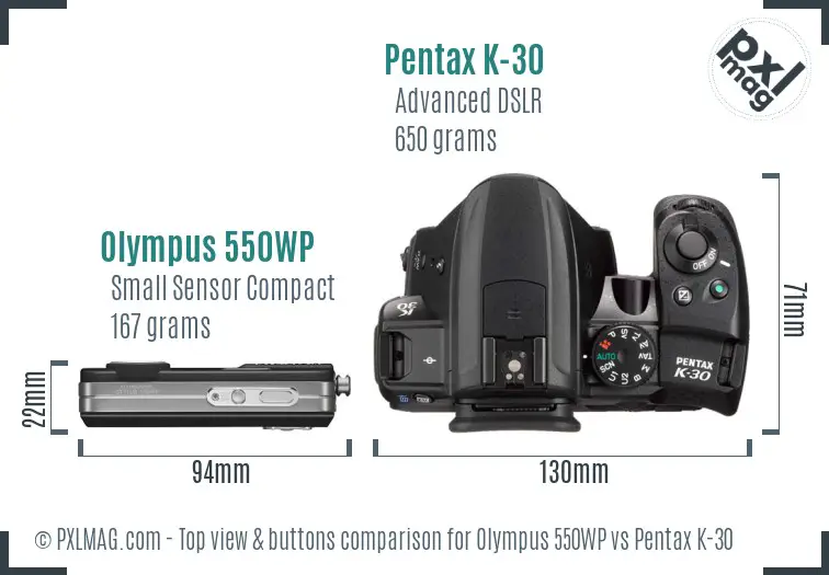 Olympus 550WP vs Pentax K-30 top view buttons comparison
