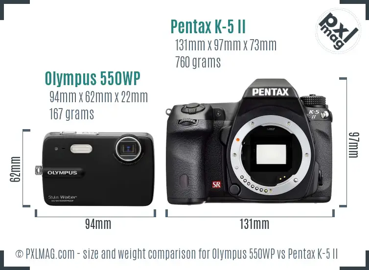 Olympus 550WP vs Pentax K-5 II size comparison