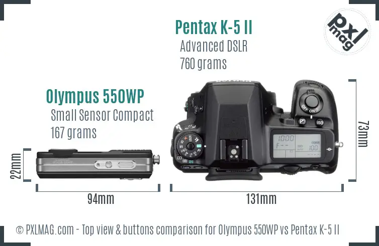 Olympus 550WP vs Pentax K-5 II top view buttons comparison