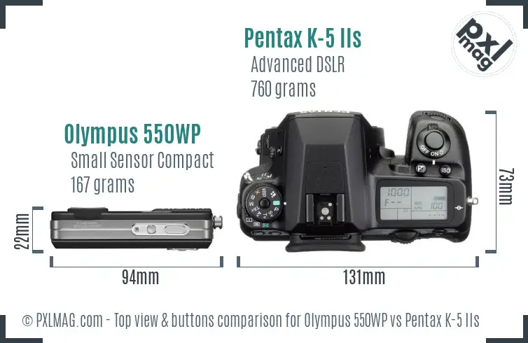 Olympus 550WP vs Pentax K-5 IIs top view buttons comparison