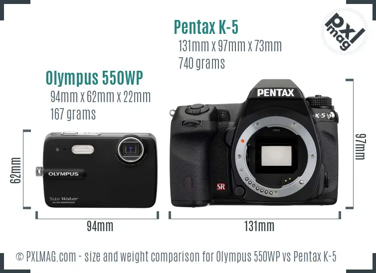 Olympus 550WP vs Pentax K-5 size comparison