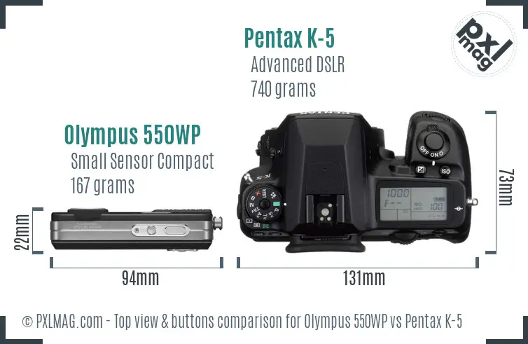 Olympus 550WP vs Pentax K-5 top view buttons comparison