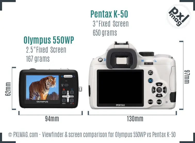 Olympus 550WP vs Pentax K-50 Screen and Viewfinder comparison