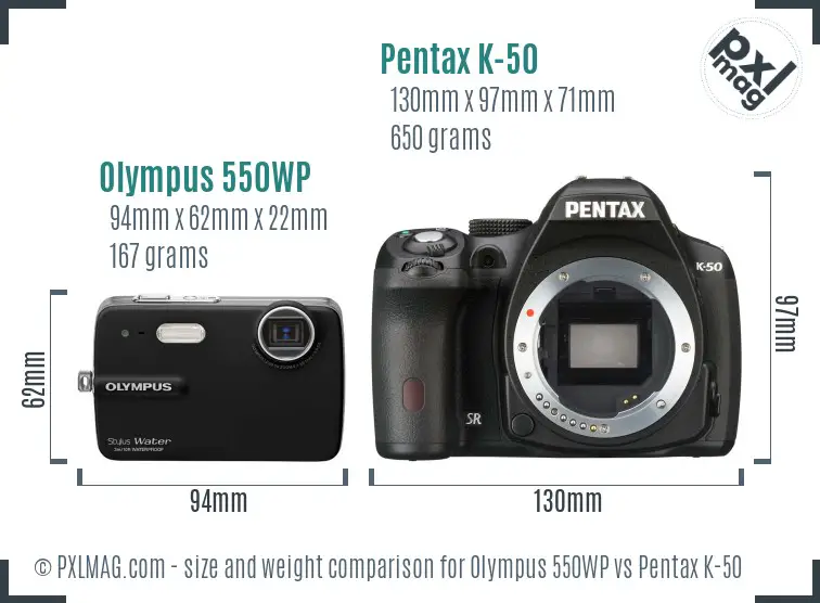 Olympus 550WP vs Pentax K-50 size comparison