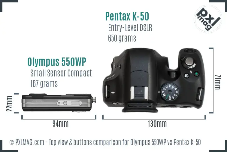 Olympus 550WP vs Pentax K-50 top view buttons comparison